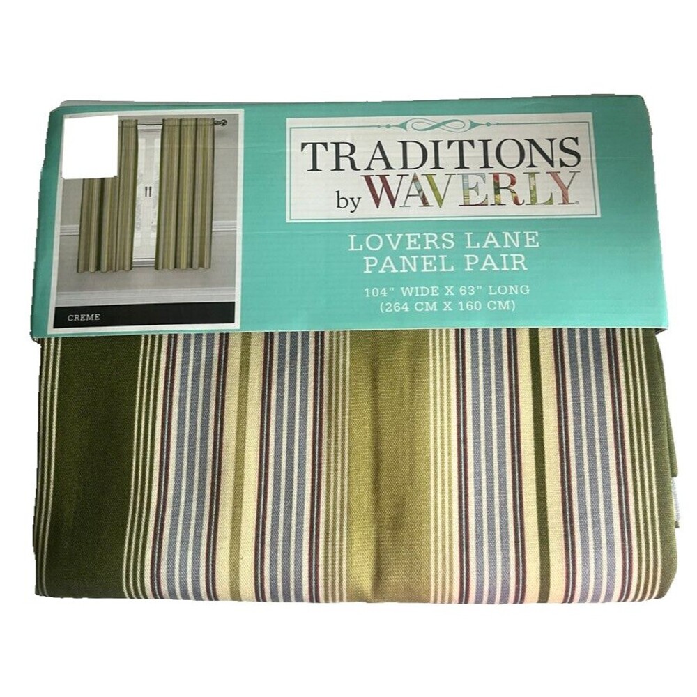 Waverly Lover's Lane Rod Pocket Curtain Panels 52x63" Green Blue 2 Panels Creme